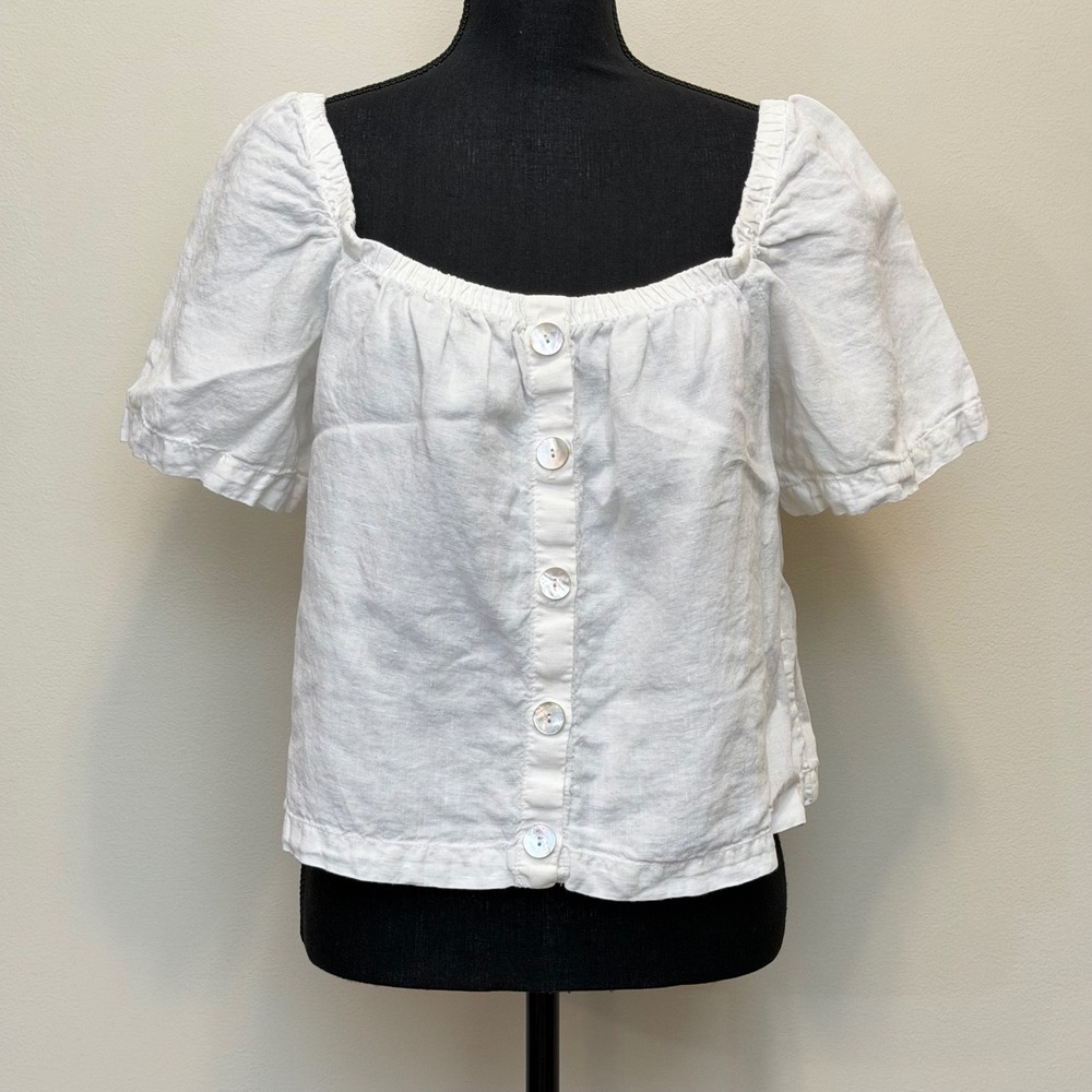 Bella Dahl White 100% Linen Button Front Puff Sleeve Top Women L Coastal Minimal